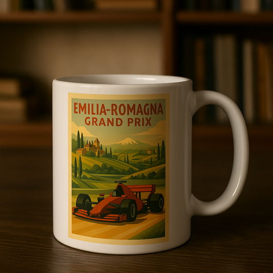 Mug with Emilia-Romagna Grand Prix design on a wooden surface