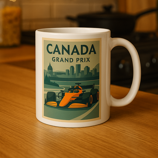 Mug with Canada Grand Prix design on a wooden surface