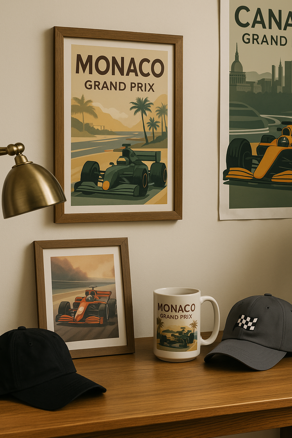 Framed Monaco Grand Prix posters, a mug, and caps on a wooden surface with a lamp.