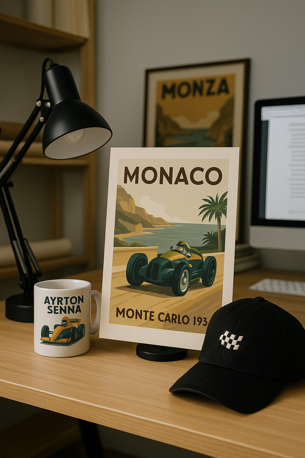 Desk with Ayrton Senna mug, Monaco-themed poster, and black cap.