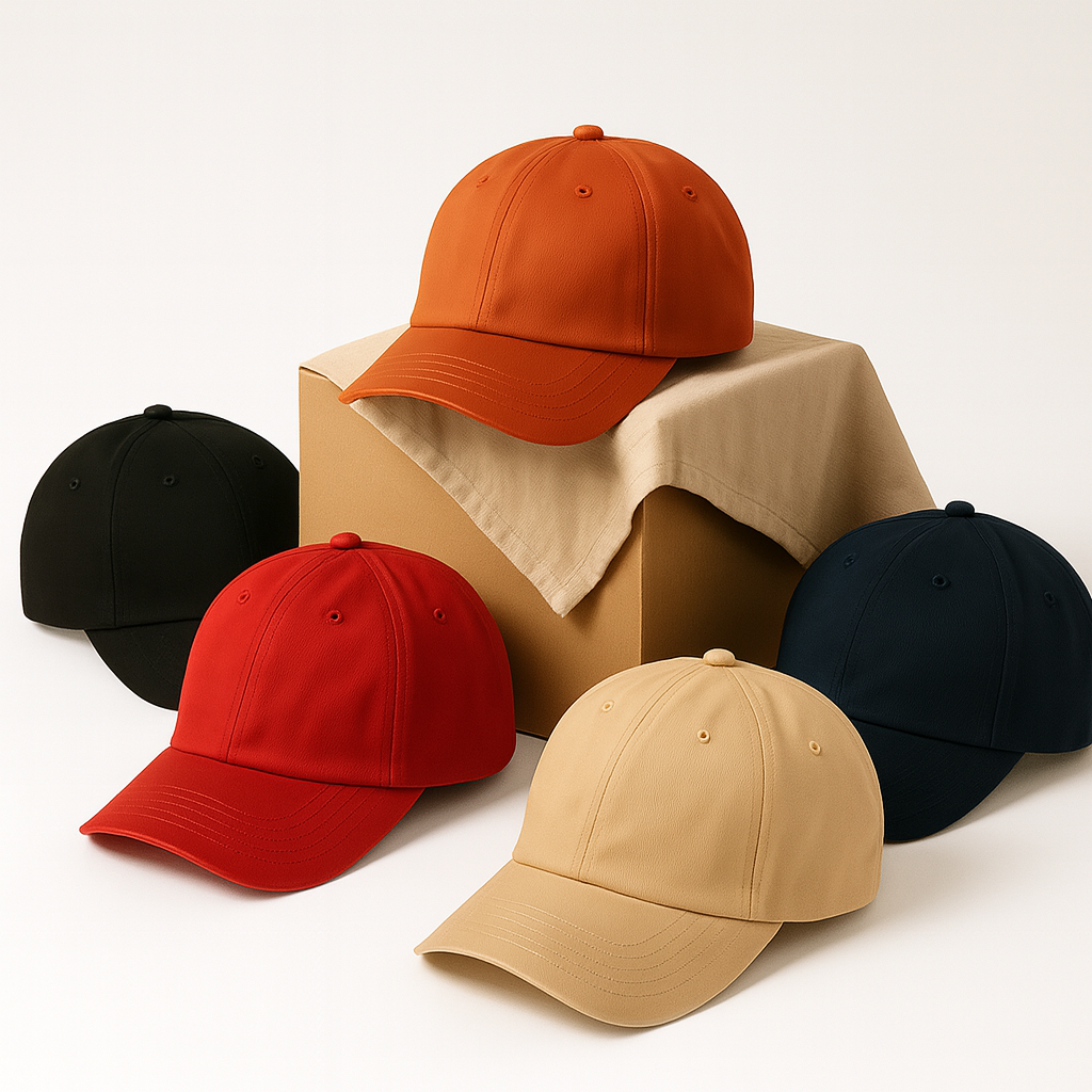 Collection of colorful blank caps arranged on a white background, with one cap displayed on a fabric-covered box, premium minimalist style.