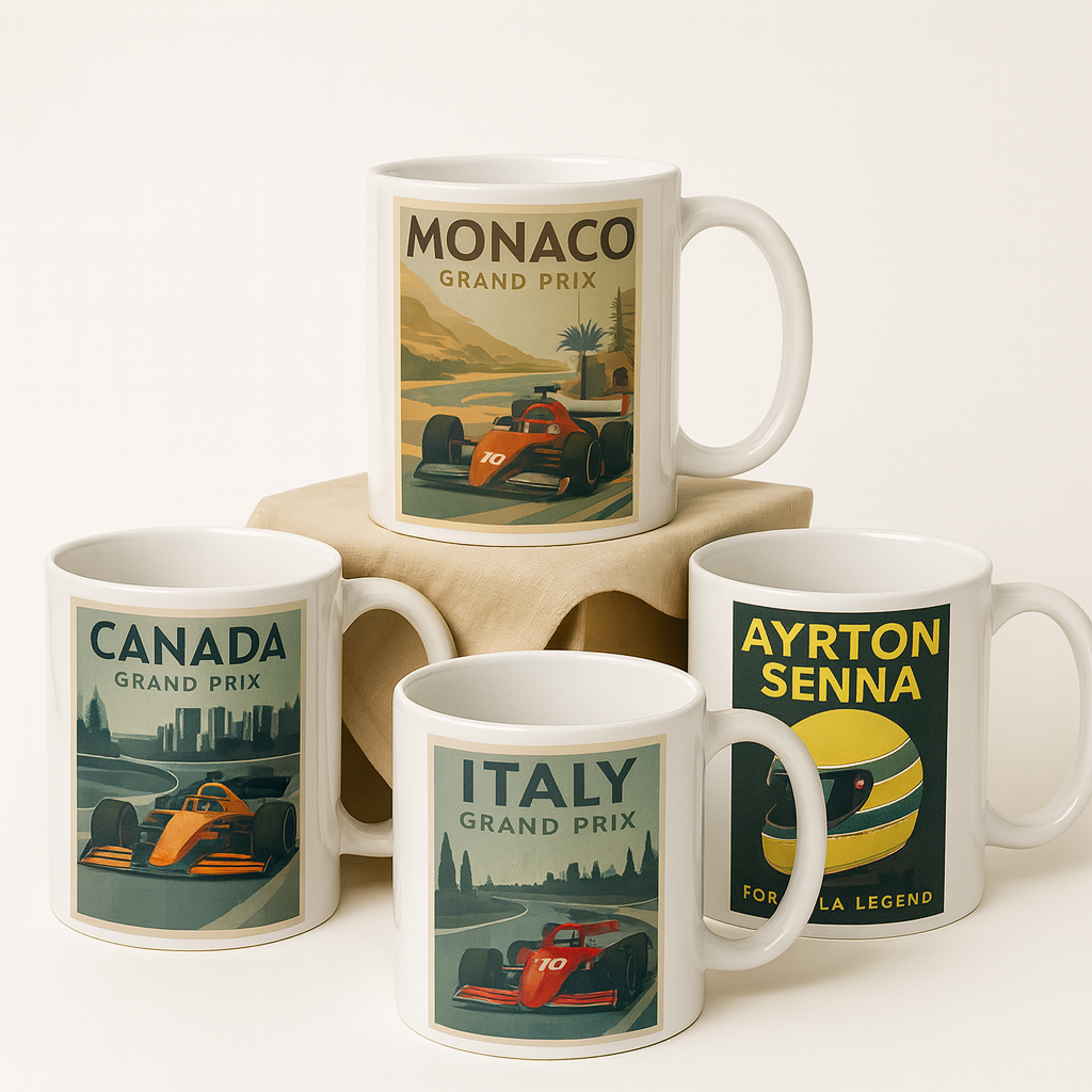 Four ceramic mugs with Formula 1-themed designs, arranged on a neutral background for a clean and modern presentation.