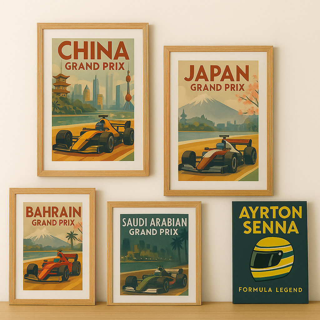 Four vintage-style Formula 1 Grand Prix posters in wooden frames displayed on a light wooden table and hanging on a cream wall, showcasing classic racing car artwork.