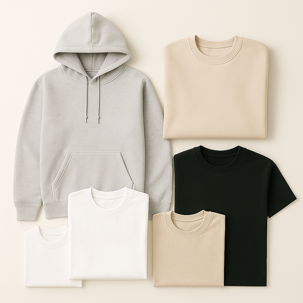 Collection of casual Formula 1-style clothing, including a t-shirt, hoodie, sweater, and polo shirt neatly folded on a neutral surface in soft, elegant tones.