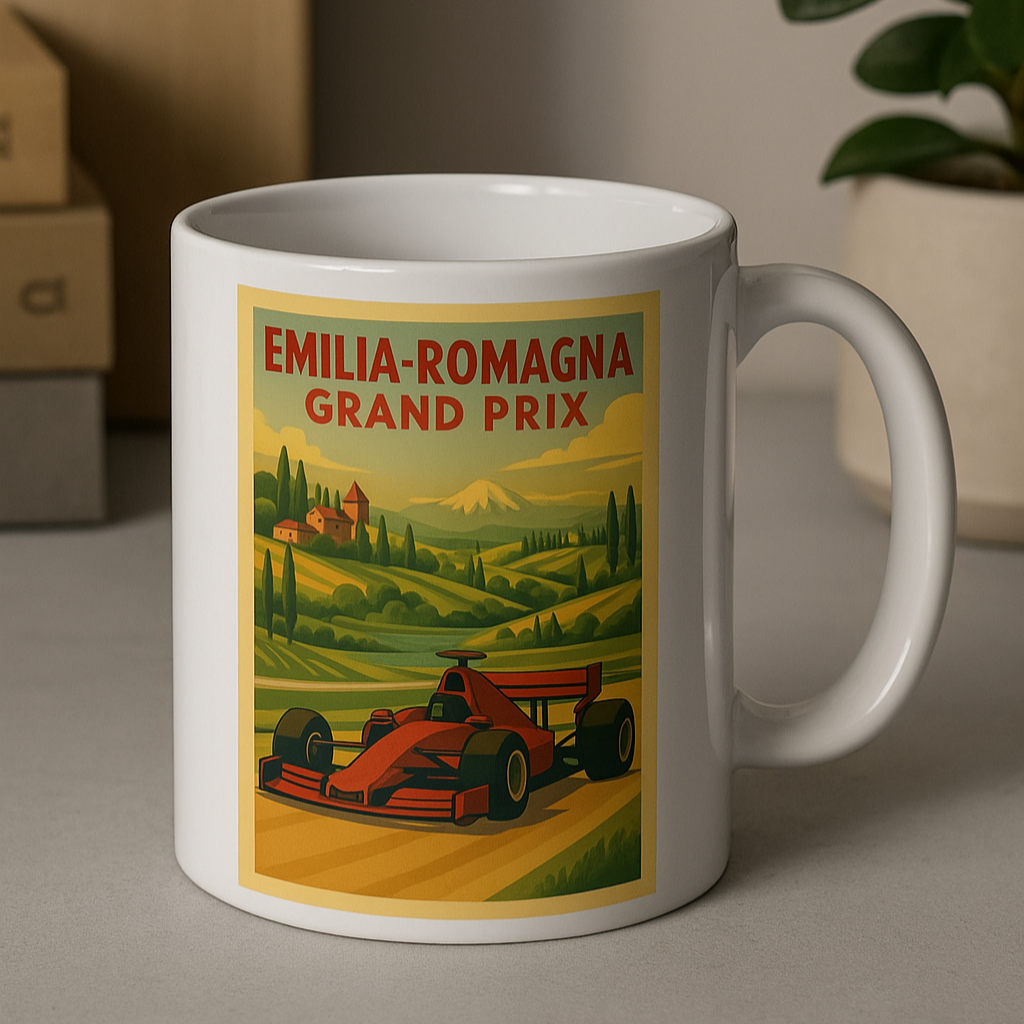 White mug with Emilia-Romagna Grand Prix design featuring a race car and Italian landscape.
