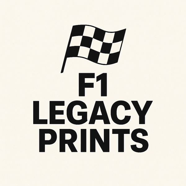F1 Legacy Prints logo with a checkered flag on a beige background
