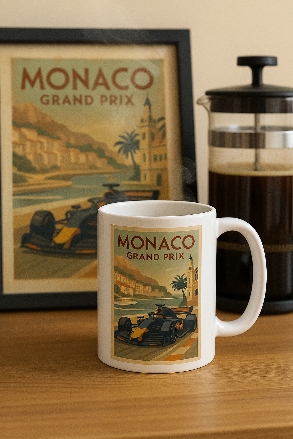 White mug with Monaco Grand Prix design on a wooden surface with a framed picture and coffee press in the background.