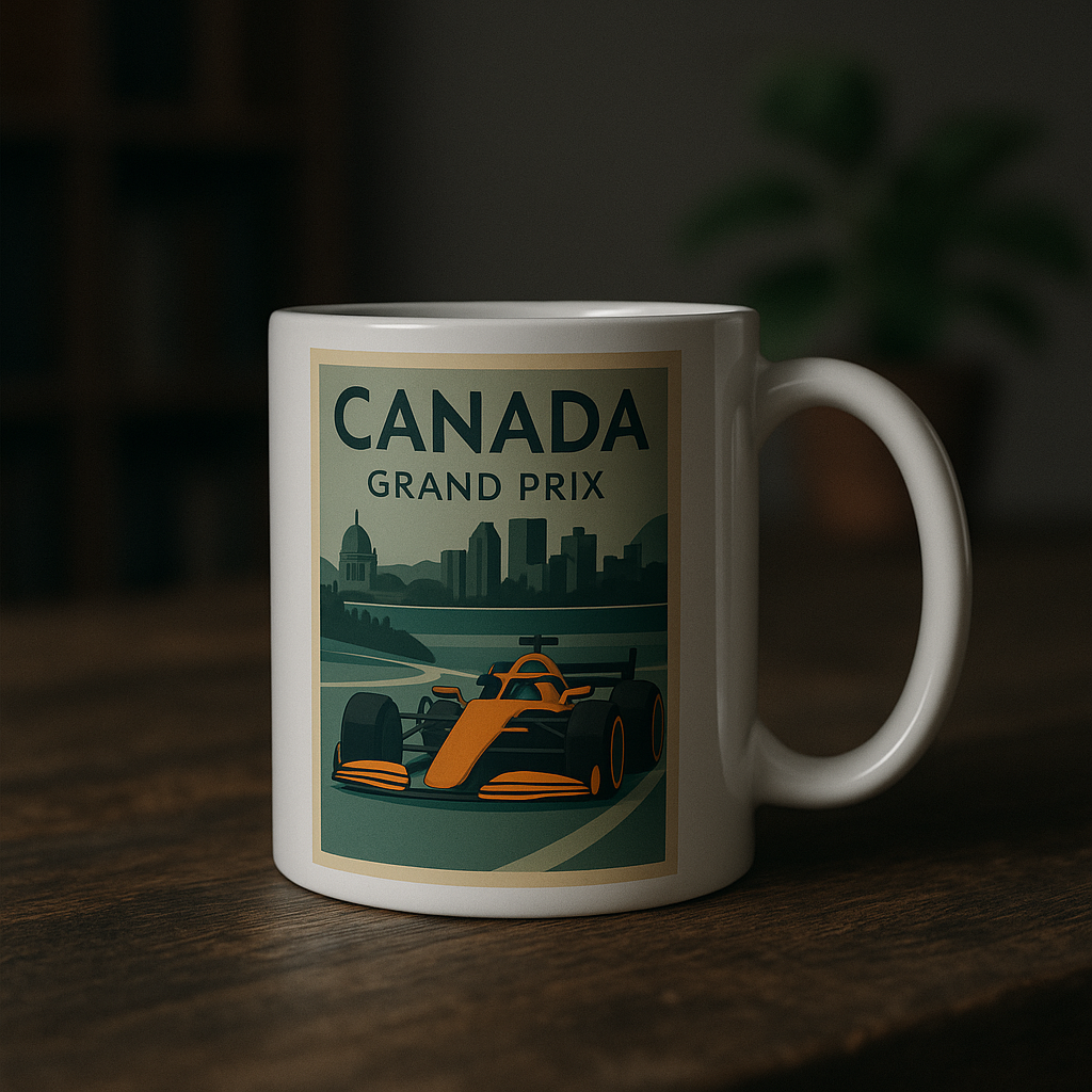 Mug with Canada Grand Prix design featuring a race car and cityscape on a dark background