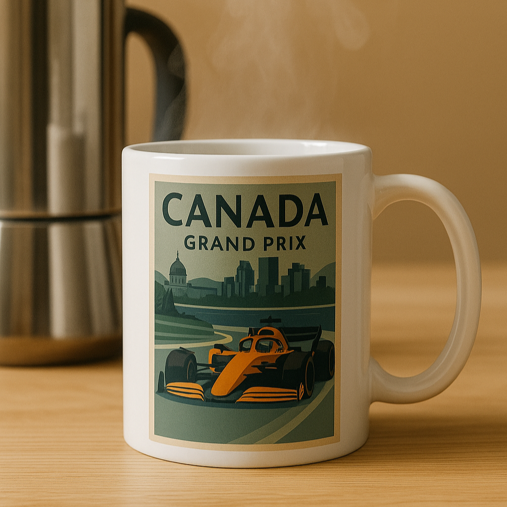 Mug with Canada Grand Prix design on a wooden table with a steaming cup in the background