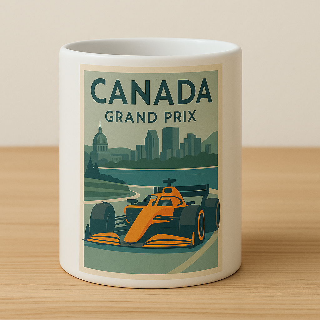 Mug with Canada Grand Prix design featuring a racing car and cityscape.