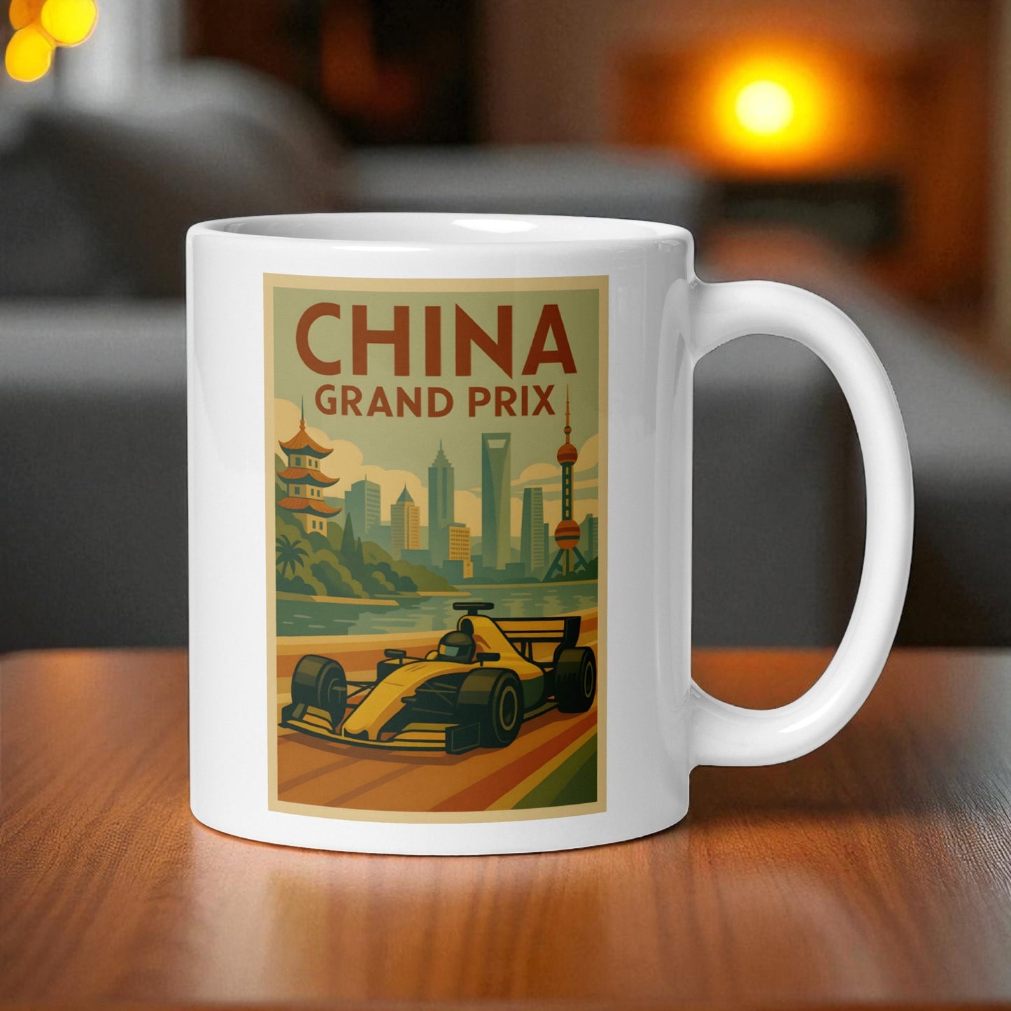 Mug with China Grand Prix design on a wooden table