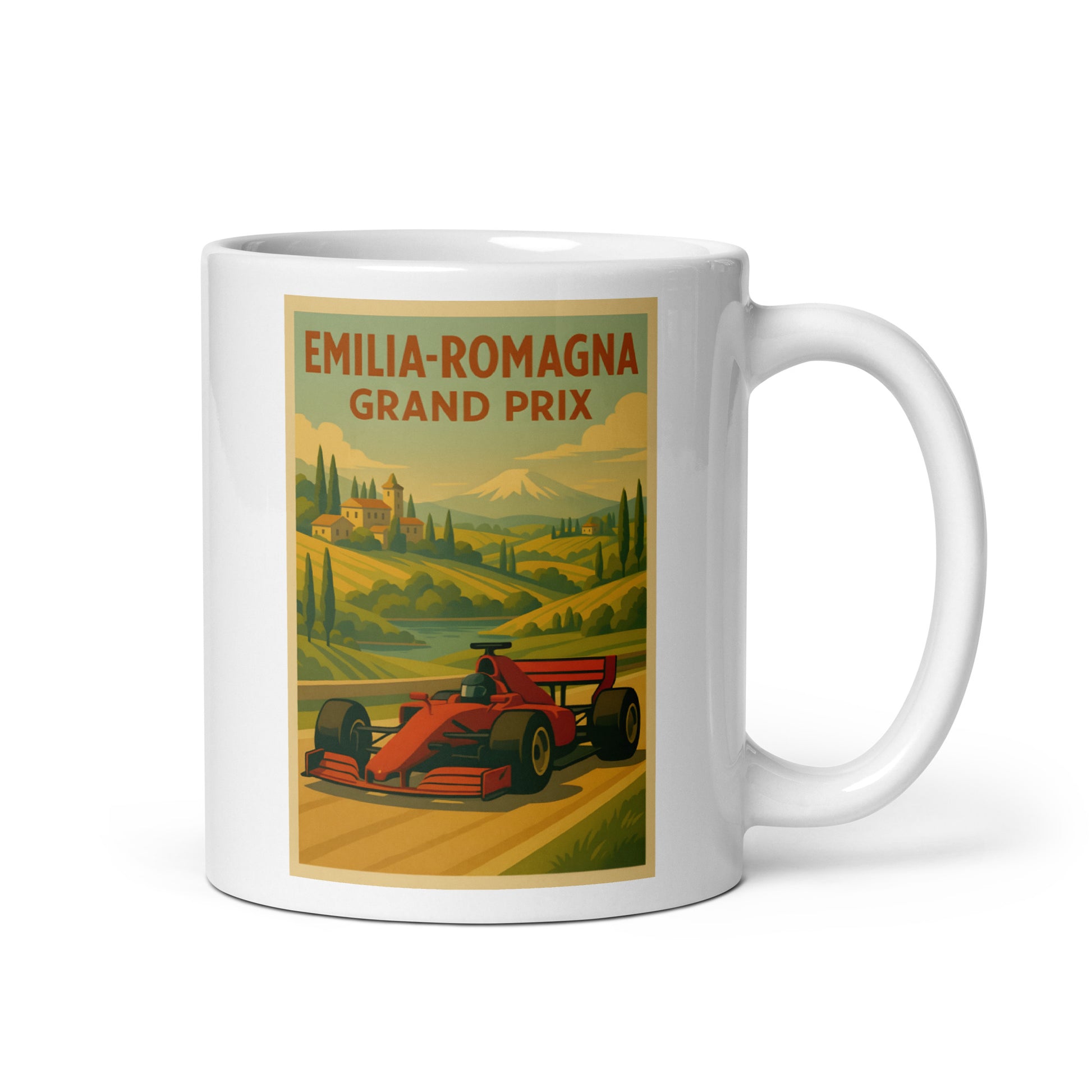 Emilia-Romagna Grand Prix Ferrari Formula 1 ceramic mug with vintage racing design