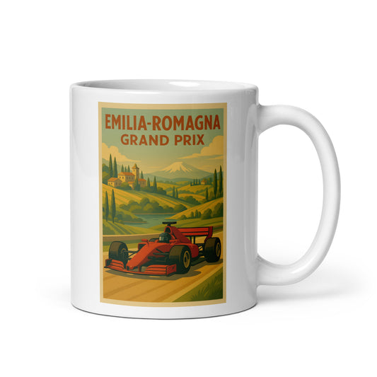 Emilia-Romagna Grand Prix Ferrari Formula 1 ceramic mug with vintage racing design