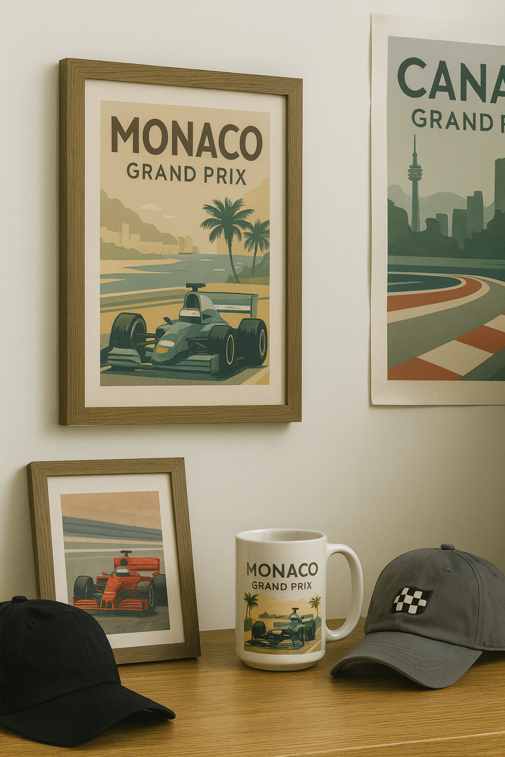 Framed posters of Monaco Grand Prix with a mug and caps on a table.